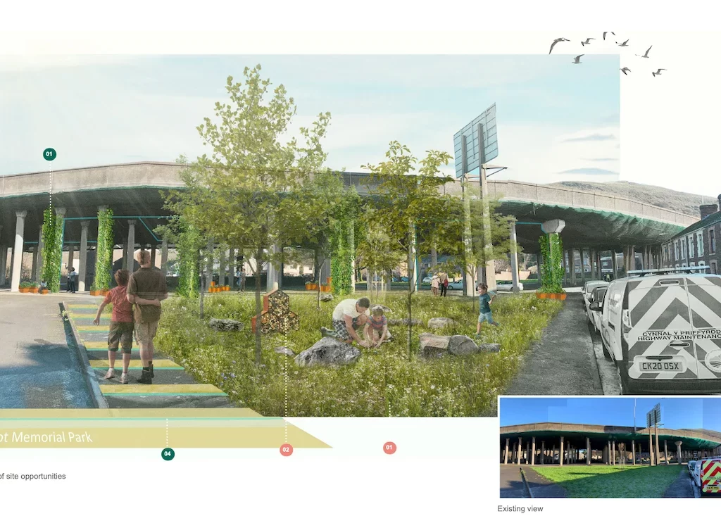 Illustration of greening at motorway flyover trees nature people